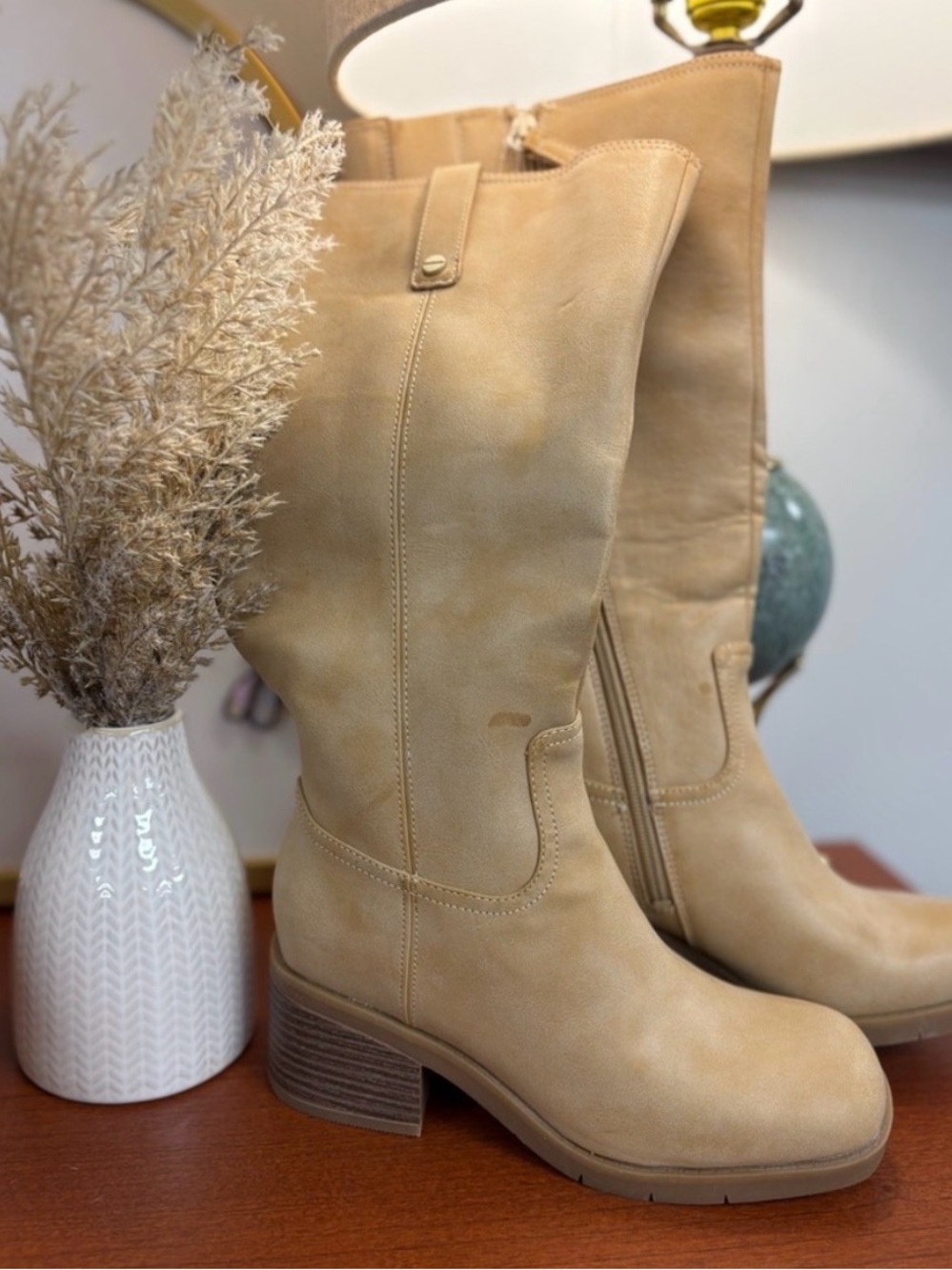 Dr. Scholl's Beige Suede Mid-Calf Block Heel Boots